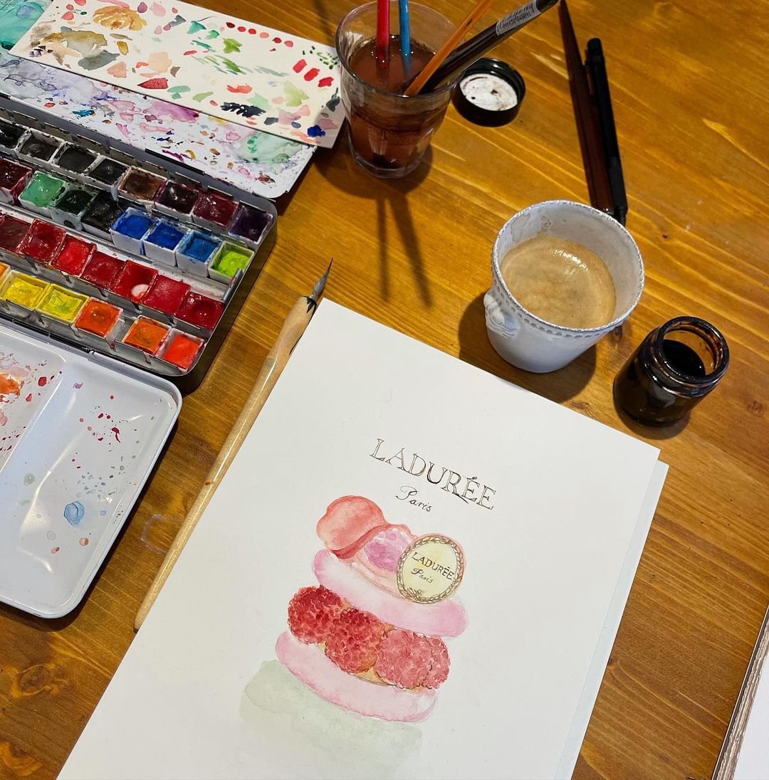 Watercolor macaron illustration during a private art lesson with Panicha Thisanon
