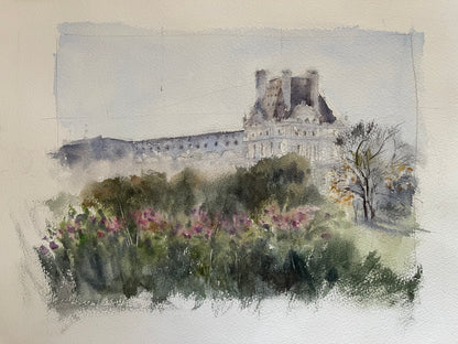 Watercolor painting of the Louvre and Tuileries Garden by Panicha Thisanon
