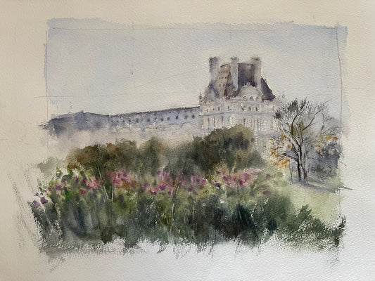 Watercolor painting of the Louvre and Tuileries Garden by Panicha Thisanon