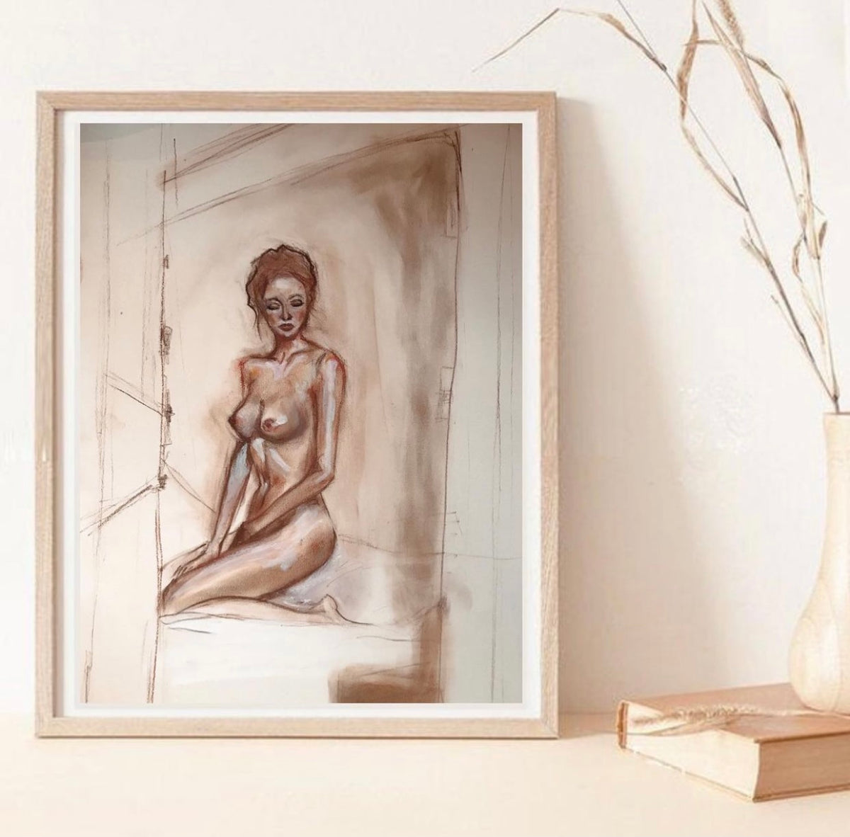 Framed mixed-media figure drawing by Panicha Thisanon