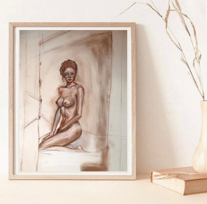 Framed mixed-media figure drawing by Panicha Thisanon
