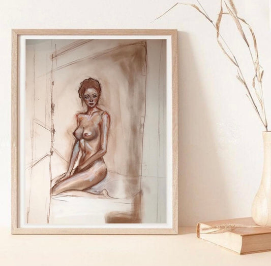 Framed mixed-media figure drawing by Panicha Thisanon