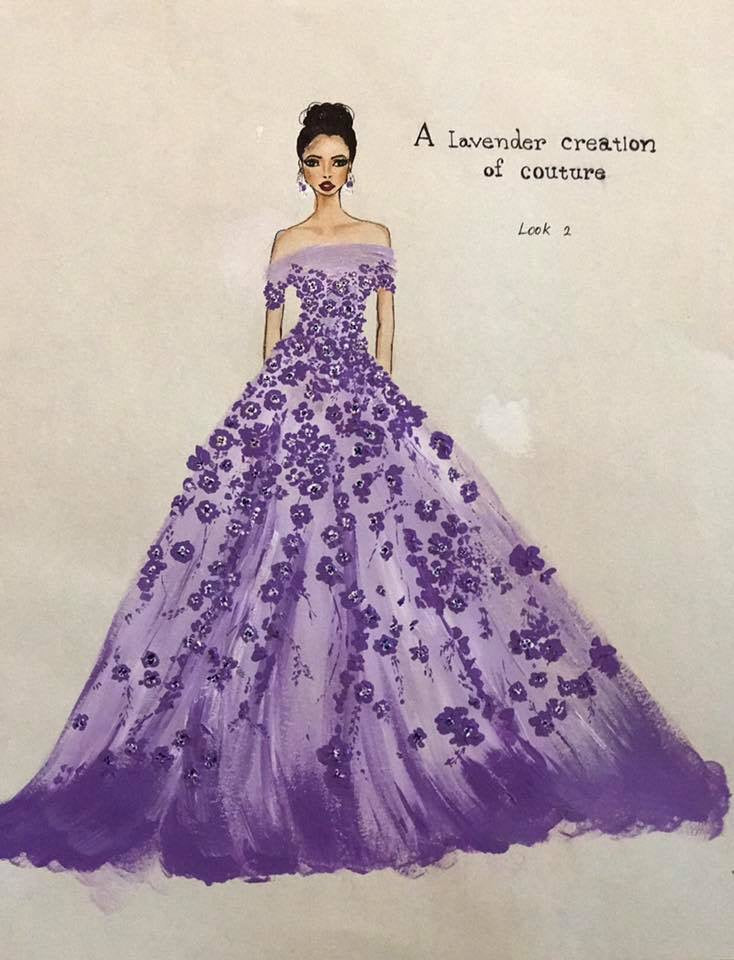 Fashion illustration of a purple evening gown by Panicha Thisanon