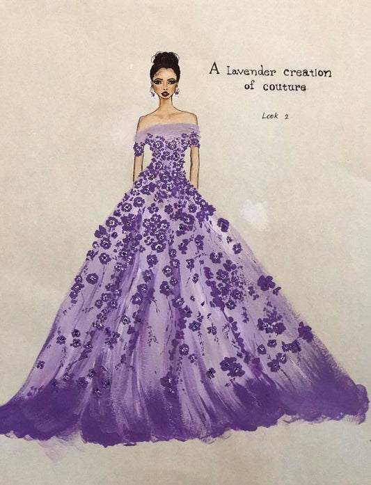 Fashion illustration of a purple evening gown by Panicha Thisanon
